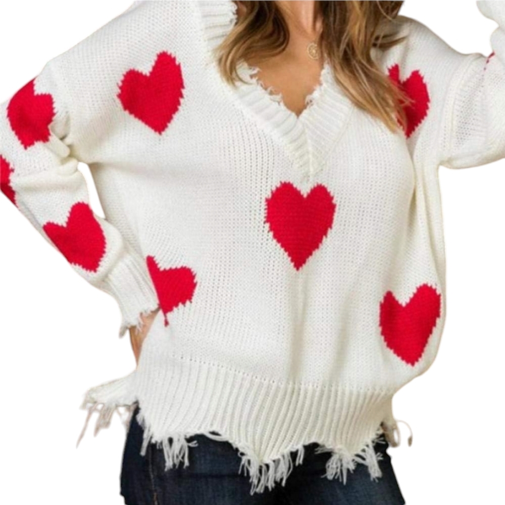 The Sweet Life boutique deep v-neck knitted sweater red hearts tassel 2/XL-3/XL